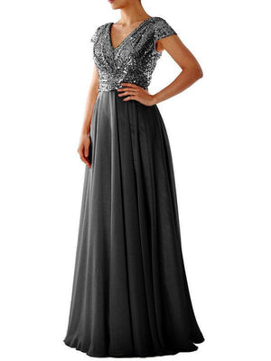 V-Neck Sequin Chiffon Patchwork Dresses