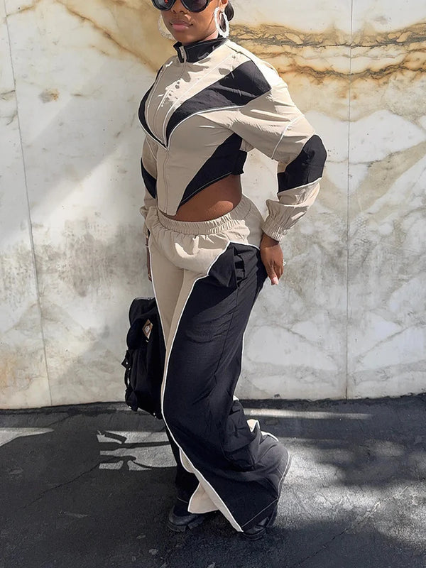 Colorblock Cropped Jacket Track Pant Sets