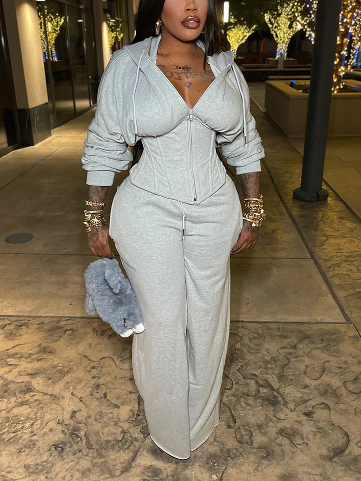 Corset Hoodie Jacket Wide Pants Set