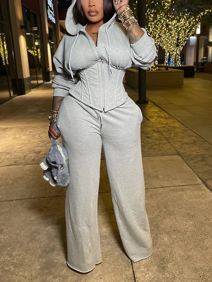 Corset Hoodie Jacket Wide Pants Set