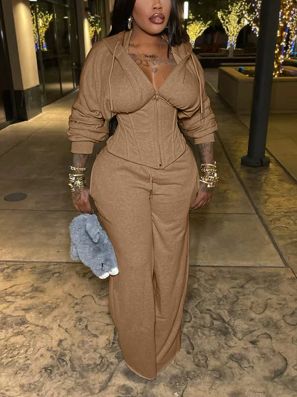 Corset Hoodie Jacket Wide Pants Set