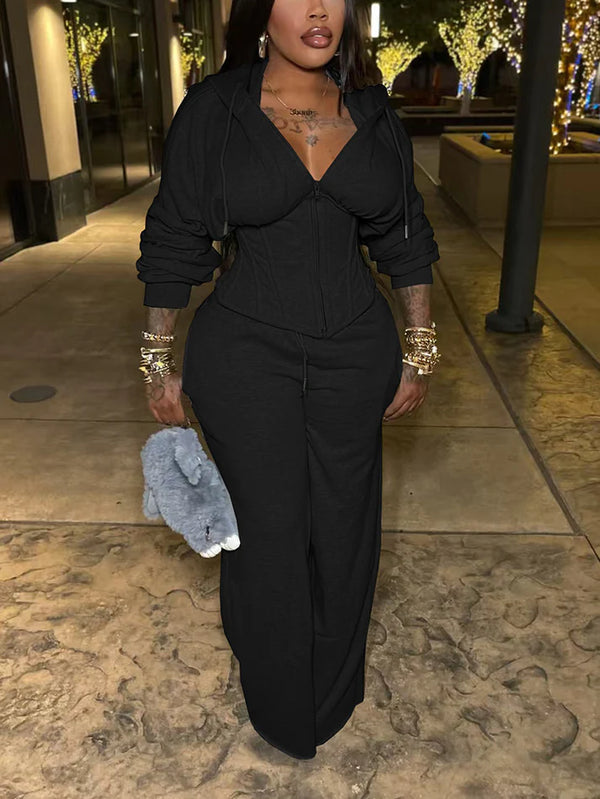 Corset Hoodie Jacket Wide Pants Set