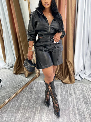 Leather Hooded Jacket And Shorts Set