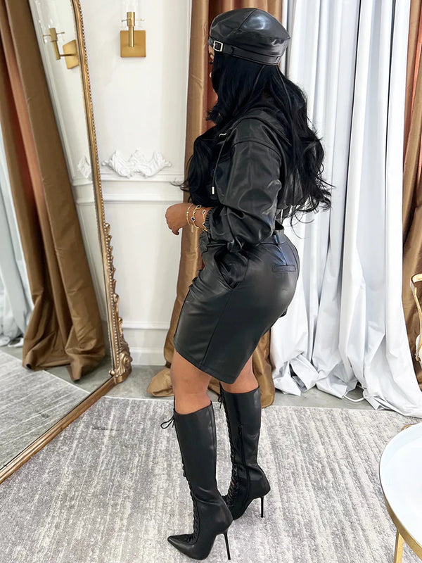 Leather Hooded Jacket And Shorts Set