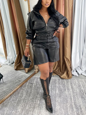 Leather Hooded Jacket And Shorts Set