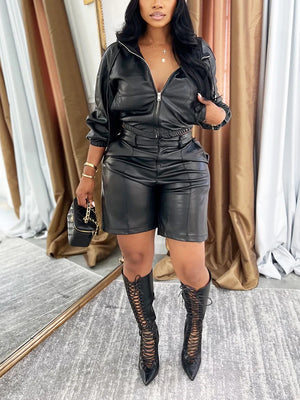 Leather Hooded Jacket And Shorts Set