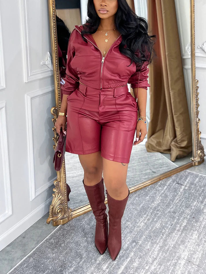 Leather Hooded Jacket And Shorts Set