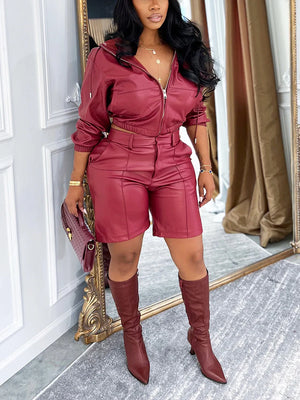 Leather Hooded Jacket And Shorts Set