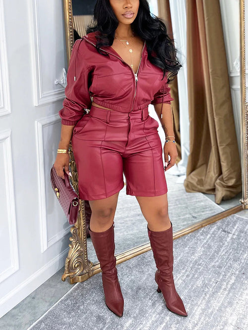 Leather Hooded Jacket And Shorts Set