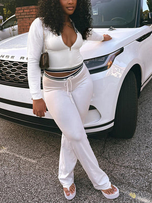 Contrast Polo Crop Top Flared Pants Set