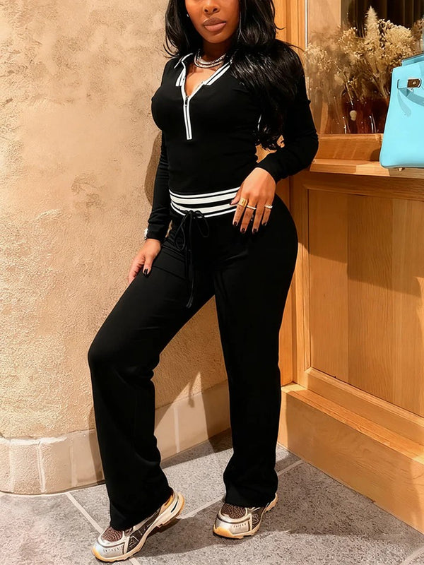 Contrast Polo Crop Top Flared Pants Set