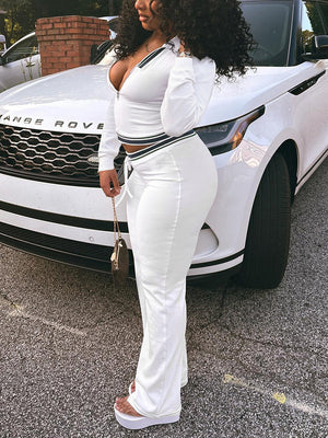 Contrast Polo Crop Top Flared Pants Set