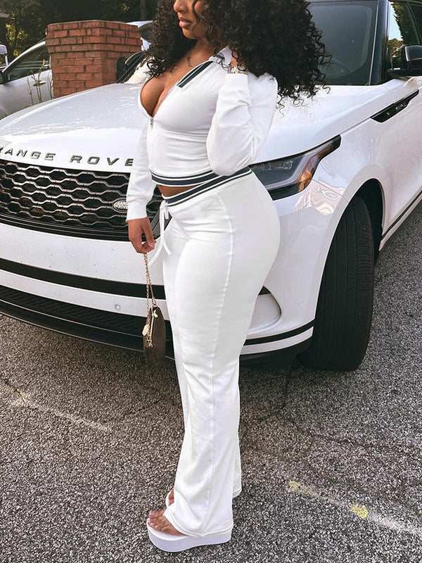 Contrast Polo Crop Top Flared Pants Set