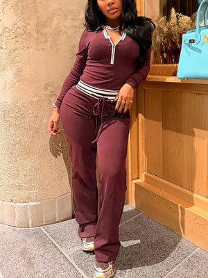 Contrast Polo Crop Top Flared Pants Set