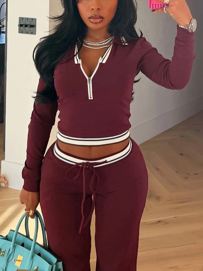 Contrast Polo Crop Top Flared Pants Set