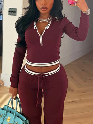 Contrast Polo Crop Top Flared Pants Set