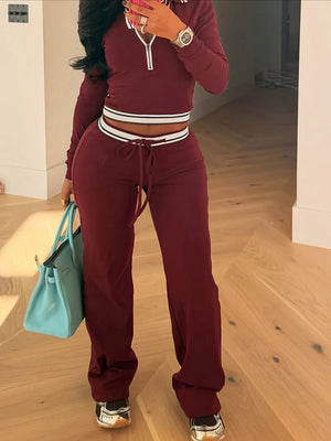 Contrast Polo Crop Top Flared Pants Set