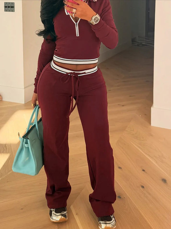 Contrast Polo Crop Top Flared Pants Set