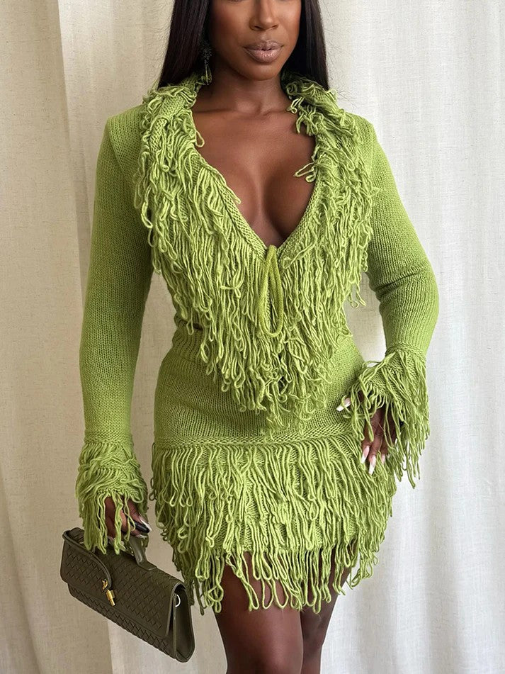 Fringe Knit Sweater Skirt Set