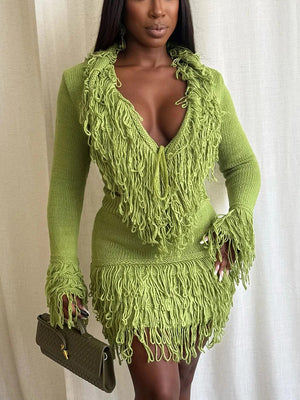 Fringe Knit Sweater Skirt Set