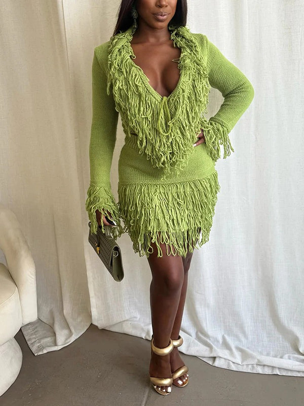 Fringe Knit Sweater Skirt Set
