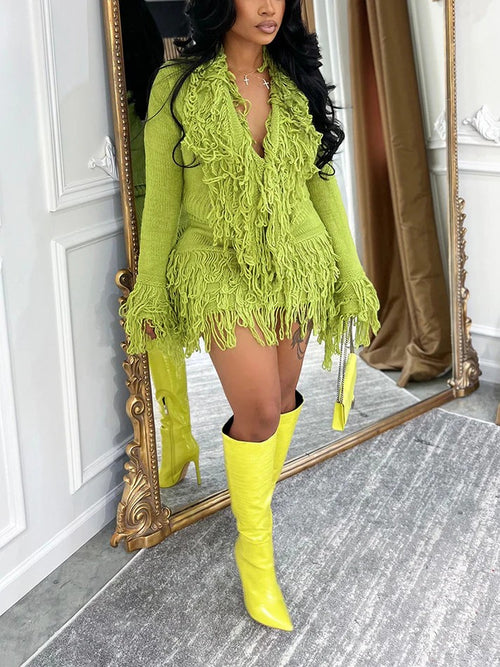 Fringe Knit Sweater Skirt Set