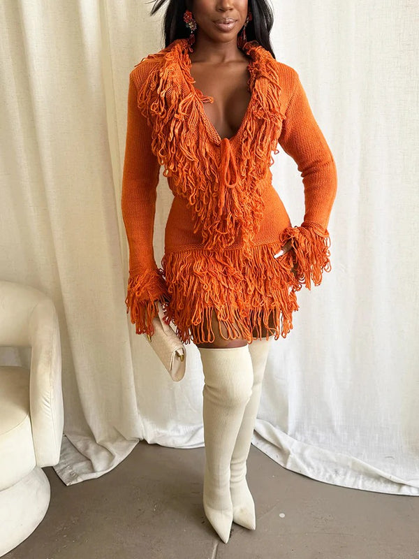 Fringe Knit Sweater Skirt Set