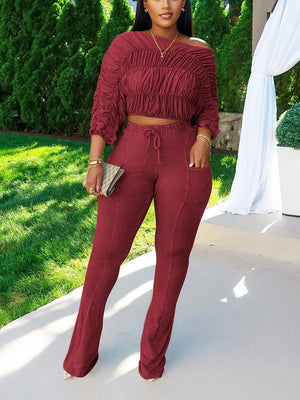 Washed Ruched Top Flared Pants Set