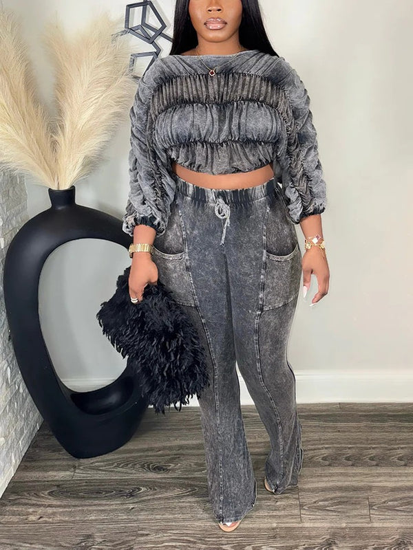 Washed Ruched Top Flared Pants Set