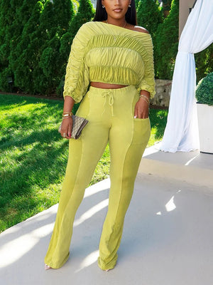 Washed Ruched Top Flared Pants Set