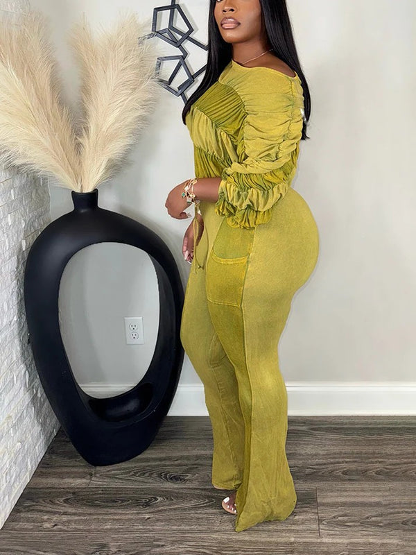 Washed Ruched Top Flared Pants Set