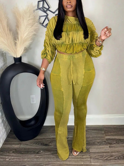 Washed Ruched Top Flared Pants Set