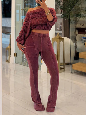Washed Ruched Top Flared Pants Set