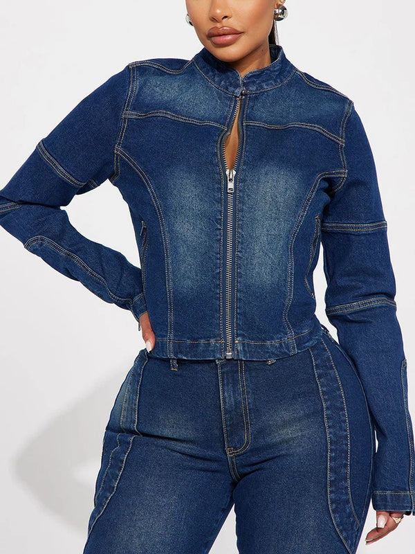 Denim Cropped Jacket Cutout Jeans Set