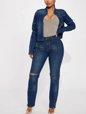 Denim Cropped Jacket Cutout Jeans Set