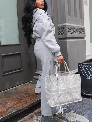 String Hoodie Jacket Cutout Pants Set