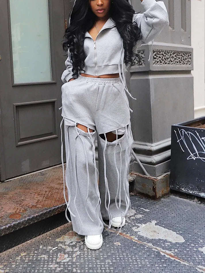 String Hoodie Jacket Cutout Pants Set