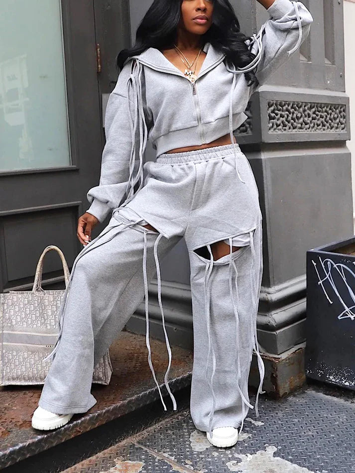String Hoodie Jacket Cutout Pants Set