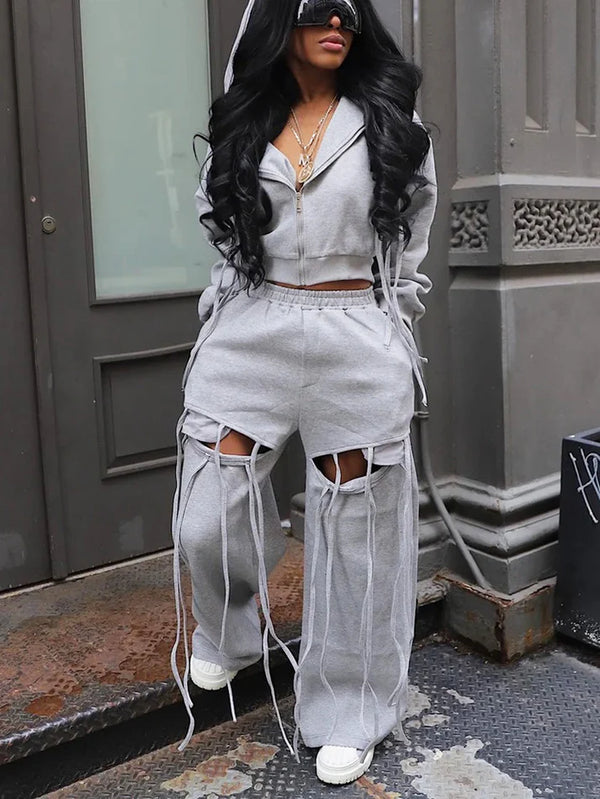 String Hoodie Jacket Cutout Pants Set