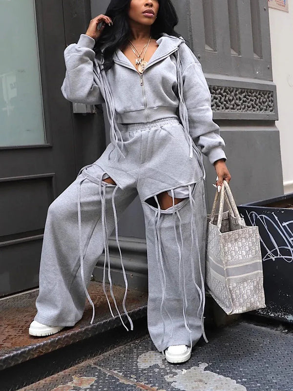 String Hoodie Jacket Cutout Pants Set