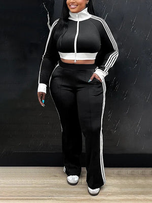 Striped Trim Zip Cropped Jacket Pants Set