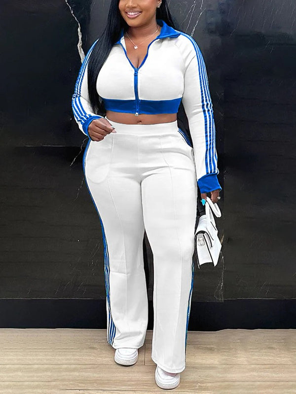 Striped Trim Zip Cropped Jacket Pants Set