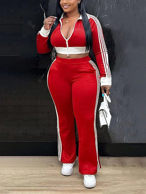 Striped Trim Zip Cropped Jacket Pants Set