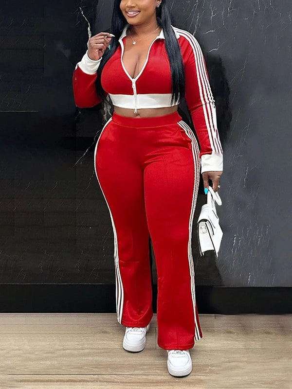 Striped Trim Zip Cropped Jacket Pants Set