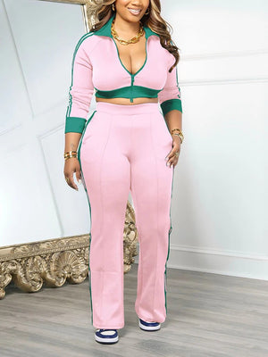 Striped Trim Zip Cropped Jacket Pants Set