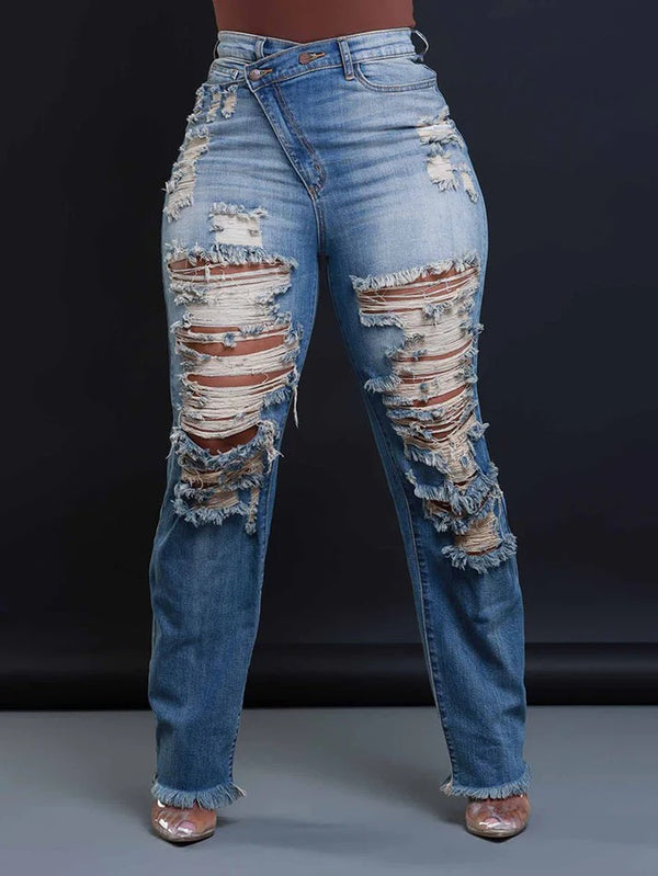 Distressed Asymmetrical Zip Jeans