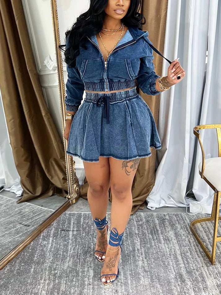 Washed Denim Cropped Jacket Mini Skirt Set