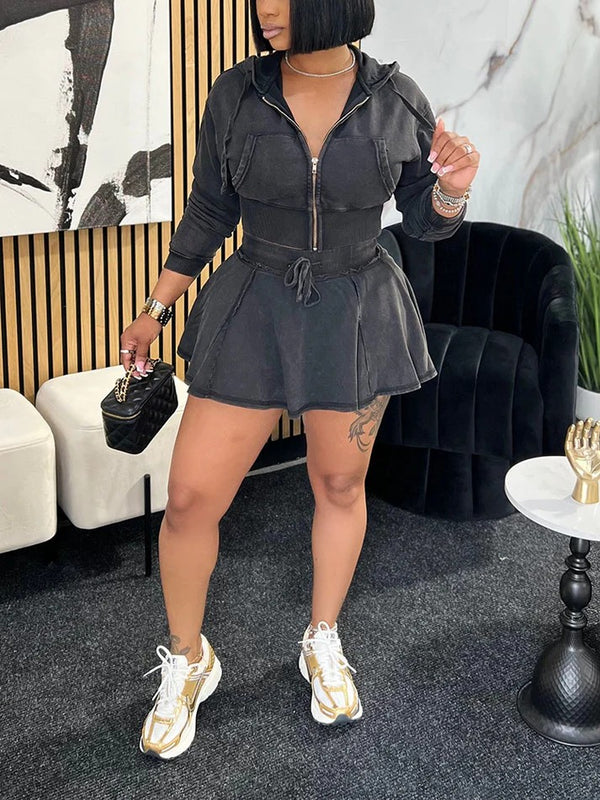 Washed Denim Cropped Jacket Mini Skirt Set