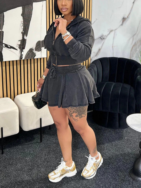 Washed Denim Cropped Jacket Mini Skirt Set