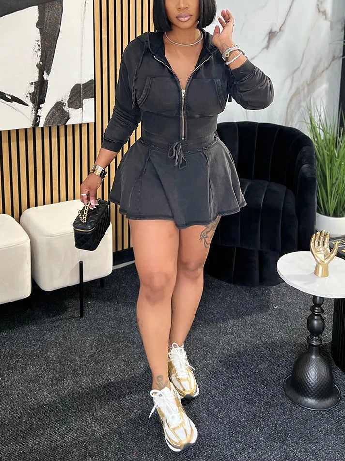 Washed Denim Cropped Jacket Mini Skirt Set